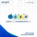 There are four Flexi Diamond Disc dental burs with four color depending on the grit blue green yellow and white these dental burs are available in the flexi diamond disc dental bur kit sold by mr Bur the best dental bur supplier