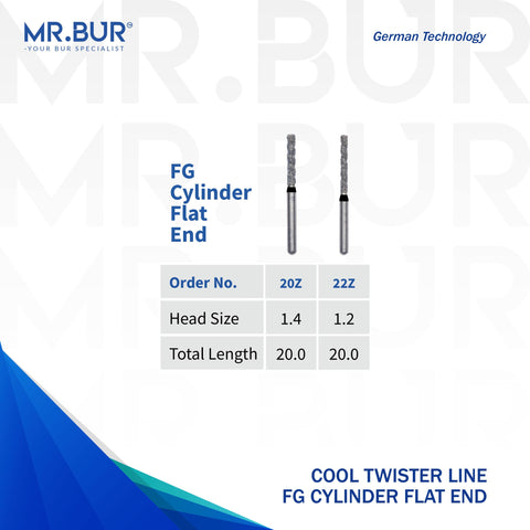 These are two variants of the Spiral Cool Cut Super Coarse Cylinder Flat End FG Diamond Bur sold by Mr Bur the best international supplier of dental burs the dental bur head sizes shown here are 1.2mm and 1.4mm