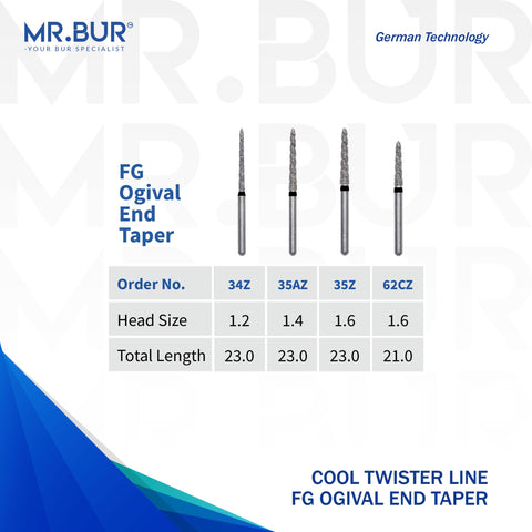 These are four variants of the Spiral Cool Cut Super Coarse Ogival End Taper FG Diamond Bur sold by Mr Bur the Best international dental bur supplier the dental bur head sizes shown here are 1.2mm 1.4mm 1.6mm