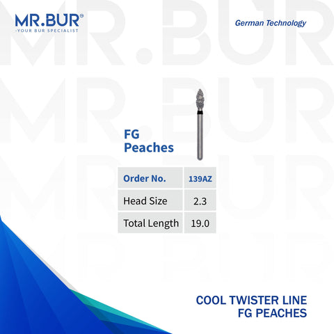 This is a variant of the Spiral Cool Cut Super Coarse Peaches FG Diamond Bur sold by Mr Bur the best international supplier of dental burs the head size shown here is 2.3mm
