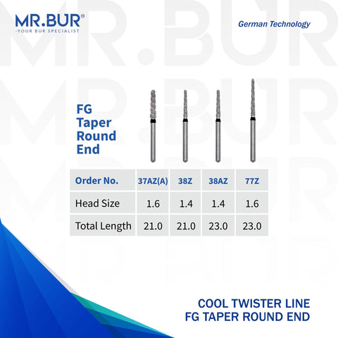 These are four variants of the Spiral Cool Cut Super Coarse Taper Round End FG Diamond Bur sold by Mr Bur the best international supplier of dental burs the dental bur heads are 1.4mm and 1.6mm