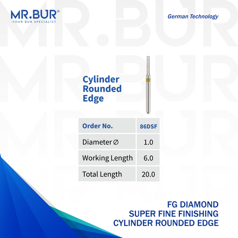 Mr. Bur Super Fine Grit Finishing Cylinder Rounded Edge Diamond Bur FG, 86DSF, for axial surface finishing and smooth crown preparation contour refinement.