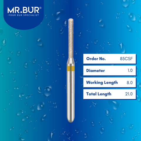 Mr. Bur Cylinder Round Super Fine Diamond Bur FG, 85CSF, for smooth contouring and precision enamel reduction in restorative dentistry.