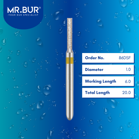 Mr. Bur Super Fine Grit Finishing Cylinder Rounded Edge Diamond Bur FG, 86DSF, for axial surface finishing and smooth crown preparation contour refinement.