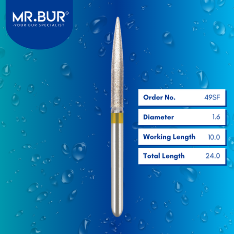 Mr. Bur 49SF Super Fine Finishing Flame Diamond Bur FG are tools used in multiple dental procedures. Their flame-shaped heads are ideal for effective cavity preparation, veneer preparation, chamfer margin bur, and crown & bridge technique.