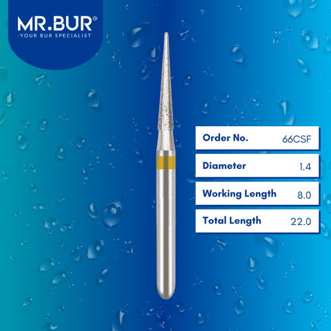 Mr. Bur Super Fine Finishing Pointed Cone Diamond Bur 5pcs FG 66CSF, 1.4mm, ensures precise detailing, ultra-smooth surface finishing, and enhanced polishing for superior restorative outcomes.