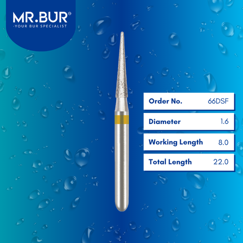 Mr. Bur Super Fine Finishing Pointed Cone Diamond Bur 5pcs FG 66DSF, 1.6mm, ensures precise detailing, ultra-smooth surface finishing, and enhanced polishing for superior restorative outcomes.
