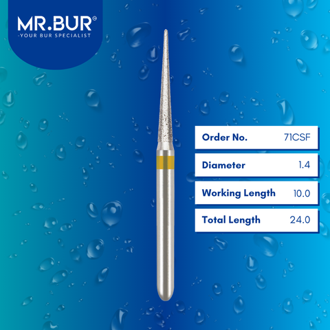 Mr. Bur Super Fine Finishing Pointed Cone Diamond Bur 5pcs FG 71CSF, 1.4mm, ensures precise detailing, ultra-smooth surface finishing, and enhanced polishing for superior restorative outcomes.