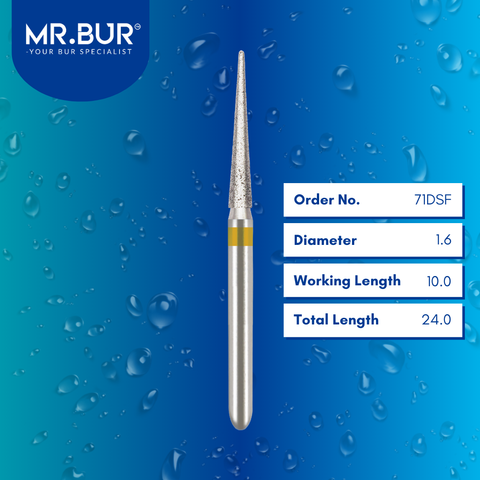 Mr. Bur Super Fine Finishing Pointed Cone Diamond Bur 5pcs FG 71DSF, 1.6mm, ensures precise detailing, ultra-smooth surface finishing, and enhanced polishing for superior restorative outcomes.