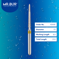 Mr. Bur Straight Torpedo Super Fine Diamond Bur FG, 42ASF, yellow band for precise occlusal groove refinement and final surface finishing.