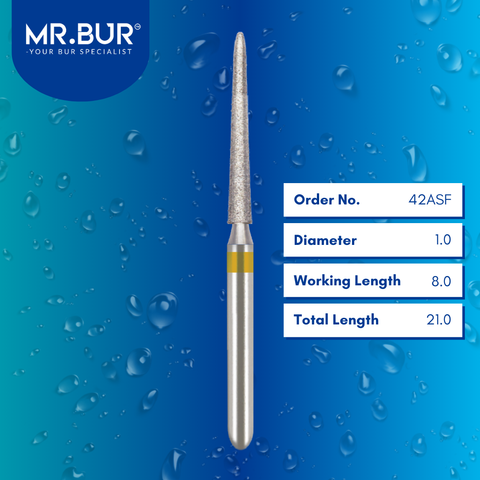 Mr. Bur Straight Torpedo Super Fine Diamond Bur FG, 42ASF, yellow band for precise occlusal groove refinement and final surface finishing.