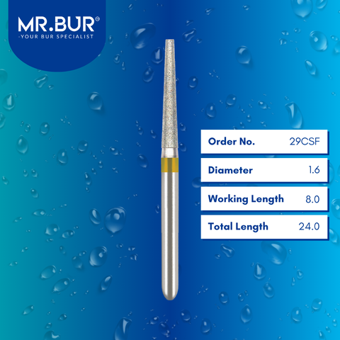 Mr. Bur 29CSF Super Fine Finishing Taper Flat End Diamond Bur FG are tools used in multiple dental procedures. Their taper flat end heads are ideal for effective prosthodontic work, crown preparation, and shoulder margin bur.
