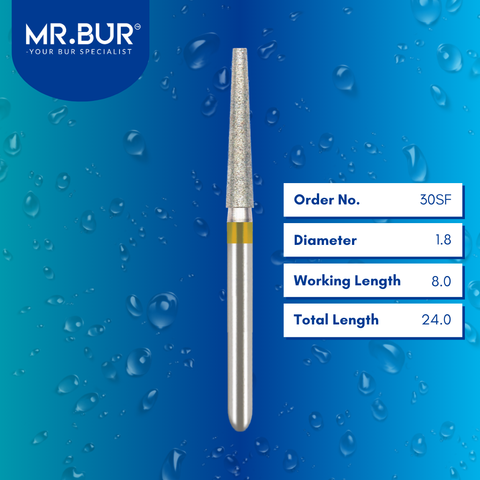 Mr. Bur 30SF Super Fine Finishing Taper Flat End Diamond Bur FG are tools used in multiple dental procedures. Their taper flat end heads are ideal for effective prosthodontic work, crown preparation, and shoulder margin bur.