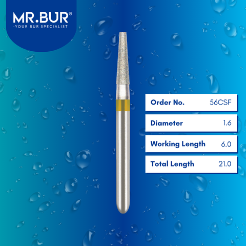 Mr. Bur 56CSF Super Fine Finishing Taper Flat End Diamond Bur FG are tools used in multiple dental procedures. Their taper flat end heads are ideal for effective prosthodontic work, crown preparation, and shoulder margin bur.