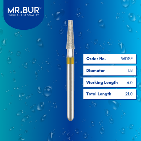 Mr. Bur 56DSF Super Fine Finishing Taper Flat End Diamond Bur FG are tools used in multiple dental procedures. Their taper flat end heads are ideal for effective prosthodontic work, crown preparation, and shoulder margin bur.