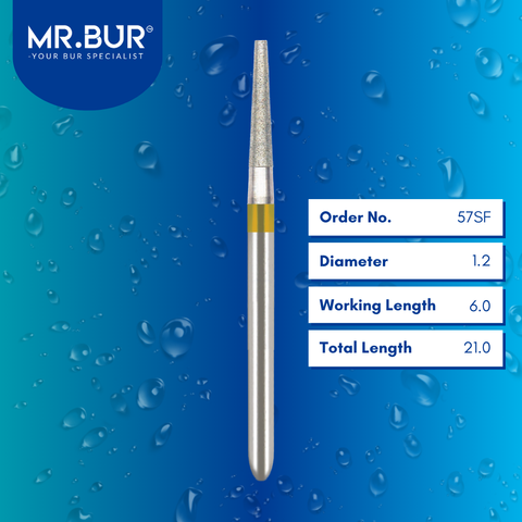 Mr. Bur 57SF Super Fine Finishing Taper Flat End Diamond Bur FG are tools used in multiple dental procedures. Their taper flat end heads are ideal for effective prosthodontic work, crown preparation, and shoulder margin bur.