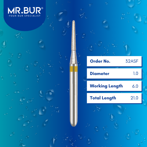 Mr. Bur 32ASF Super Fine Finishing Taper Round End Diamond Bur FG are tools used in multiple dental procedures. Their taper round end heads are ideal for effective prophylaxis, use on fillings, crown preparation, cavity preparation, and chamfer margin bur.