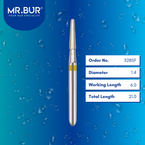 Mr. Bur 32BSF Super Fine Finishing Taper Round End Diamond Bur FG are tools used in multiple dental procedures. Their taper round end heads are ideal for effective prophylaxis, use on fillings, crown preparation, cavity preparation, and chamfer margin bur.