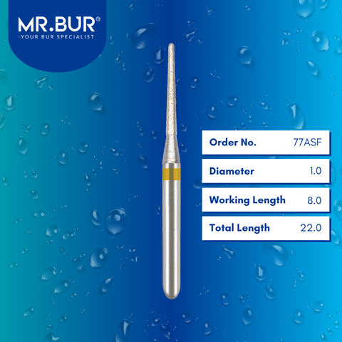 Mr. Bur 77ASF Super Fine Finishing Taper Round End Diamond Bur FG are tools used in multiple dental procedures. Their taper round end heads are ideal for effective prophylaxis, use on fillings, crown preparation, cavity preparation, and chamfer margin bur.