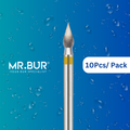 Mr. Bur Super Fine Grit Finishing Onion Diamond Bur FG for concave cervical surface finishing emergence profile refinement and curved restorative contour smoothing.