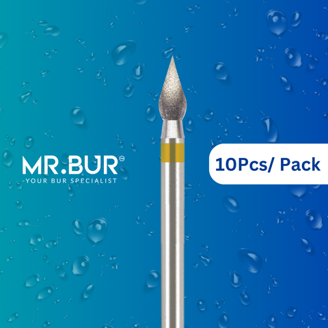 Mr. Bur Super Fine Grit Finishing Onion Diamond Bur FG for concave cervical surface finishing emergence profile refinement and curved restorative contour smoothing.