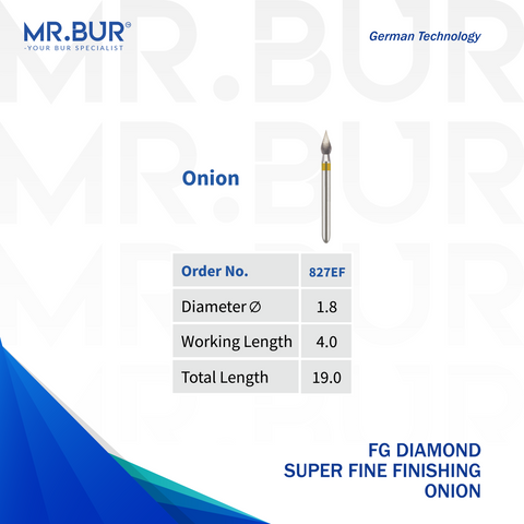 Mr. Bur Super Fine Grit Finishing Onion Diamond Bur FG, 827EF, for concave cervical surface finishing emergence profile refinement and curved restorative contour smoothing.