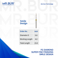 Mr. Bur Super Fine Grit Finishing Pointed Cone Diamond Bur FG, R8SF, for veneer margin refinement incisal edge detailing and esthetic smile design finishing.