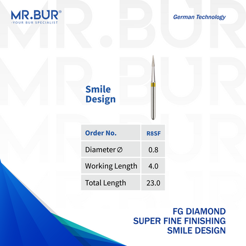 Mr. Bur Super Fine Grit Finishing Pointed Cone Diamond Bur FG, R8SF, for veneer margin refinement incisal edge detailing and esthetic smile design finishing.
