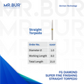 Mr. Bur Straight Torpedo Super Fine Diamond Bur FG, 42ASF, yellow band for precise occlusal groove refinement and final surface finishing.
