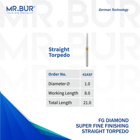 Mr. Bur Straight Torpedo Super Fine Diamond Bur FG, 42ASF, yellow band for precise occlusal groove refinement and final surface finishing.