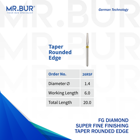 Mr. Bur Super Fine Grit Finishing Taper Rounded Edge Diamond Bur FG, 26RSF, for axial wall refinement and smooth preparation finishing before polishing.