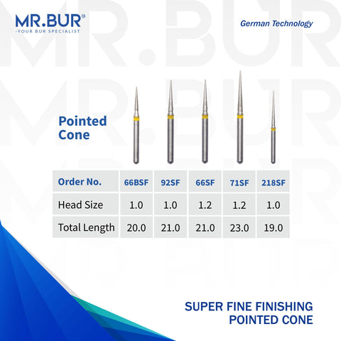 The Best 5 variants of the Super Fine Finishing Pointed Cone Diamond Bur FG.  Mr Bur offers the best online dental burs and is a Better Choice than Meisinger, Mani, Shofu, Eagle Dental, Trihawk, Suitable for Dental Cases the dental bur head sizes shown here are 1.0mm and 1.2mm