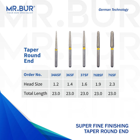 The Best 5 variants of the Super Fine Finishing Taper Round End Diamond Bur FG. Mr Bur offers the best online dental burs and is a Better Choice than Meisinger, Mani, Shofu, Eagle Dental, Trihawk, Suitable for Dental Cases the dental bur head sizes shown here are 1.2mm, 1.4mm, 1.9mm and 2.3mm