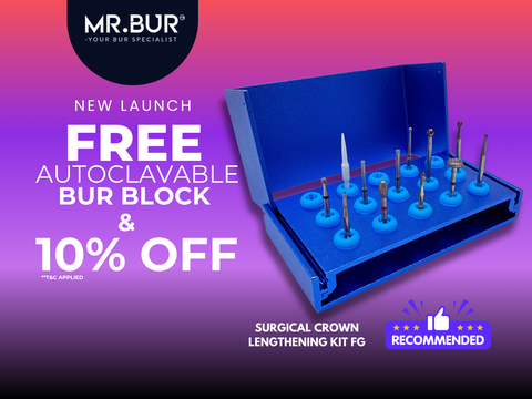 MR. BUR Surgical Crown Lengthening Kit FG, precision tool for anterior and posterior crown lengthening, ensures soft tissue trimming and bone removal.