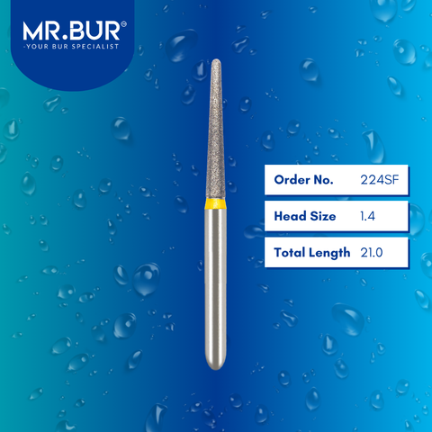 Mr. Bur 224SF Super Fine Finishing Taper Round End Diamond Bur FG are tools used in multiple dental procedures. Their taper round end heads are ideal for effective prophylaxis, use on fillings, crown preparation, cavity preparation, and chamfer margin bur.