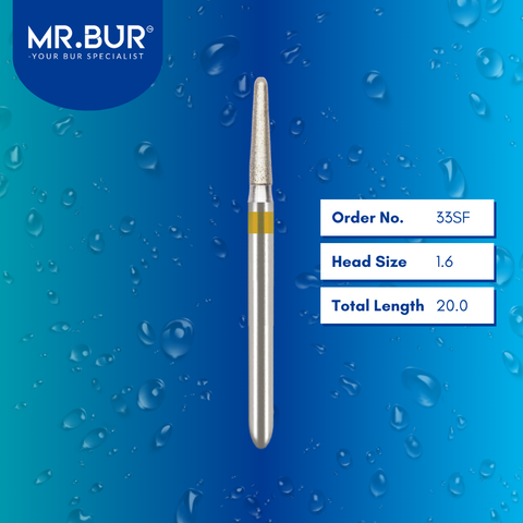 Mr. Bur 33SF Super Fine Finishing Taper Round End Diamond Bur FG are tools used in multiple dental procedures. Their taper round end heads are ideal for effective prophylaxis, use on fillings, crown preparation, cavity preparation, and chamfer margin bur.