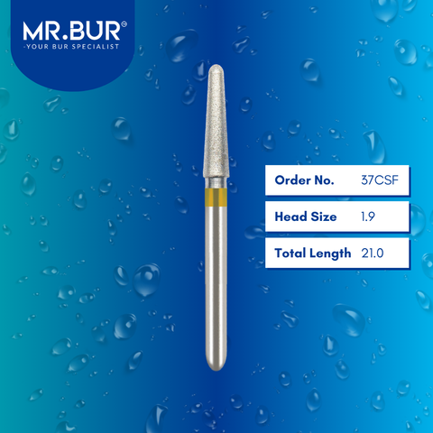 Mr. Bur 37CSF Super Fine Finishing Taper Round End Diamond Bur FG are tools used in multiple dental procedures. Their taper round end heads are ideal for effective prophylaxis, use on fillings, crown preparation, cavity preparation, and chamfer margin bur.