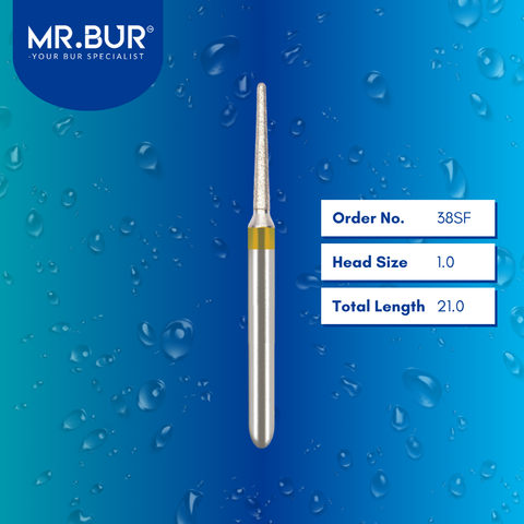 Mr. Bur 38SF Super Fine Finishing Taper Round End Diamond Bur FG are tools used in multiple dental procedures. Their taper round end heads are ideal for effective prophylaxis, use on fillings, crown preparation, cavity preparation, and chamfer margin bur.