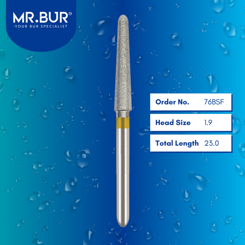 Mr. Bur 76BSF Super Fine Finishing Taper Round End Diamond Bur FG are tools used in multiple dental procedures. Their taper round end heads are ideal for effective prophylaxis, use on fillings, crown preparation, cavity preparation, and chamfer margin bur.