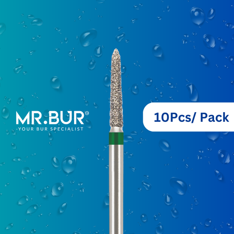  Mr. Bur Taper Torpedo Diamond Bur FG is designed for precise contouring and fine finishing in restorative and prosthetic procedures, ensuring optimal cutting efficiency and smooth surface results.