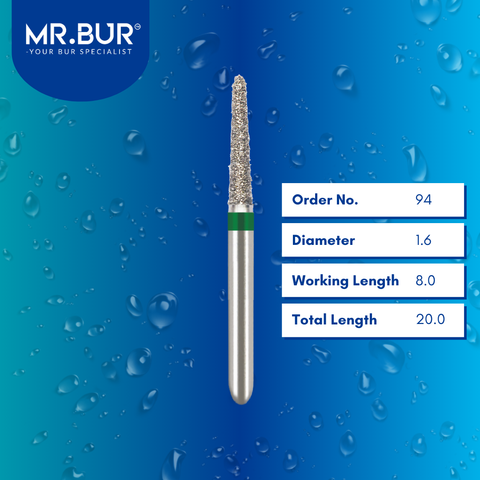 Mr. Bur Taper Torpedo Coarse Diamond Bur FG 94, 1.6mm, ensures precise tooth reduction, efficient contouring, and optimal cutting performance for restorative procedures.