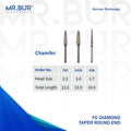 These are 3 variants of the Taper Round End Coarse chamfer FG Diamond Dental Bur sold by mr Bur the best international dental diamond bur supplier the head sizes are 1.7mm 2.5mm 3.0mm
