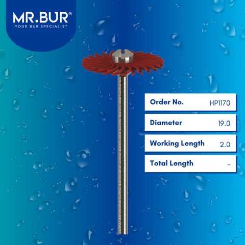 Mr. Bur Tungsten Carbide Laboratory Series Impregnated Brush, HP1170, used for polishing temporary crowns PMMA bis acryl restorations and laboratory finishing procedures.