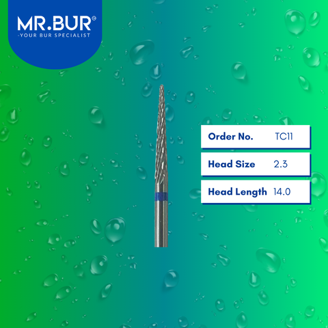 Mr. Bur Tungsten Carbide Medium Plain Cut Laboratory Bur TC11, 2.3mm, ensures precise trimming, efficient material shaping, and smooth contouring for dental prosthetics.