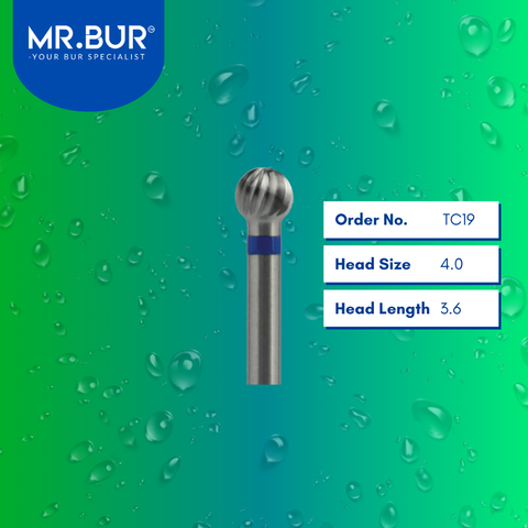 Mr. Bur Tungsten Carbide Medium Plain Cut Laboratory Bur TC19, 4.0mm, ensures precise trimming, efficient material shaping, and smooth contouring for dental prosthetics.