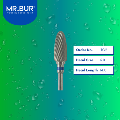 Mr. Bur Tungsten Carbide Medium Plain Cut Laboratory Bur TC2, 6.0mm, ensures precise trimming, efficient material shaping, and smooth contouring for dental prosthetics.