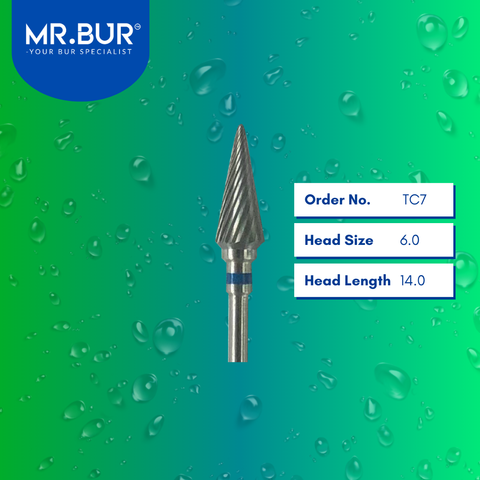 Mr. Bur Tungsten Carbide Medium Plain Cut Laboratory Bur TC7, 6.0mm, ensures precise trimming, efficient material shaping, and smooth contouring for dental prosthetics.