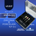 These images show Mr.Bur RA diamond stone burs Kit A for trimming, pre-polishing & high shine for zirconia & porcelain. 