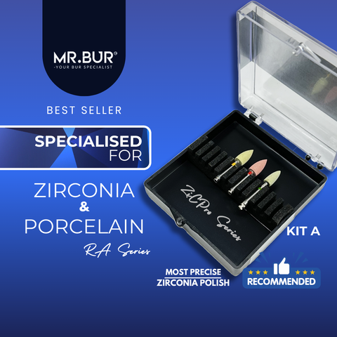 These images show Mr.Bur RA diamond stone burs Kit A for trimming, pre-polishing & high shine for zirconia & porcelain. 