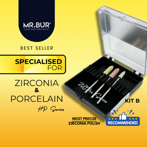 These images show Mr.Bur HP diamond stone burs Kit B for trimming, pre-polishing & high shine for zirconia & porcelain. 